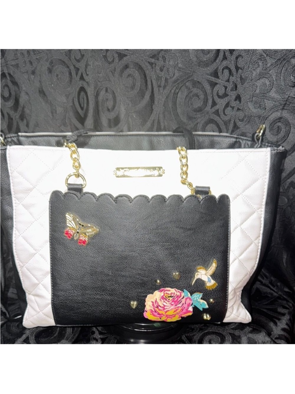 Black & White Tote Bag with Floral Embroidery - Picture 3 of 15